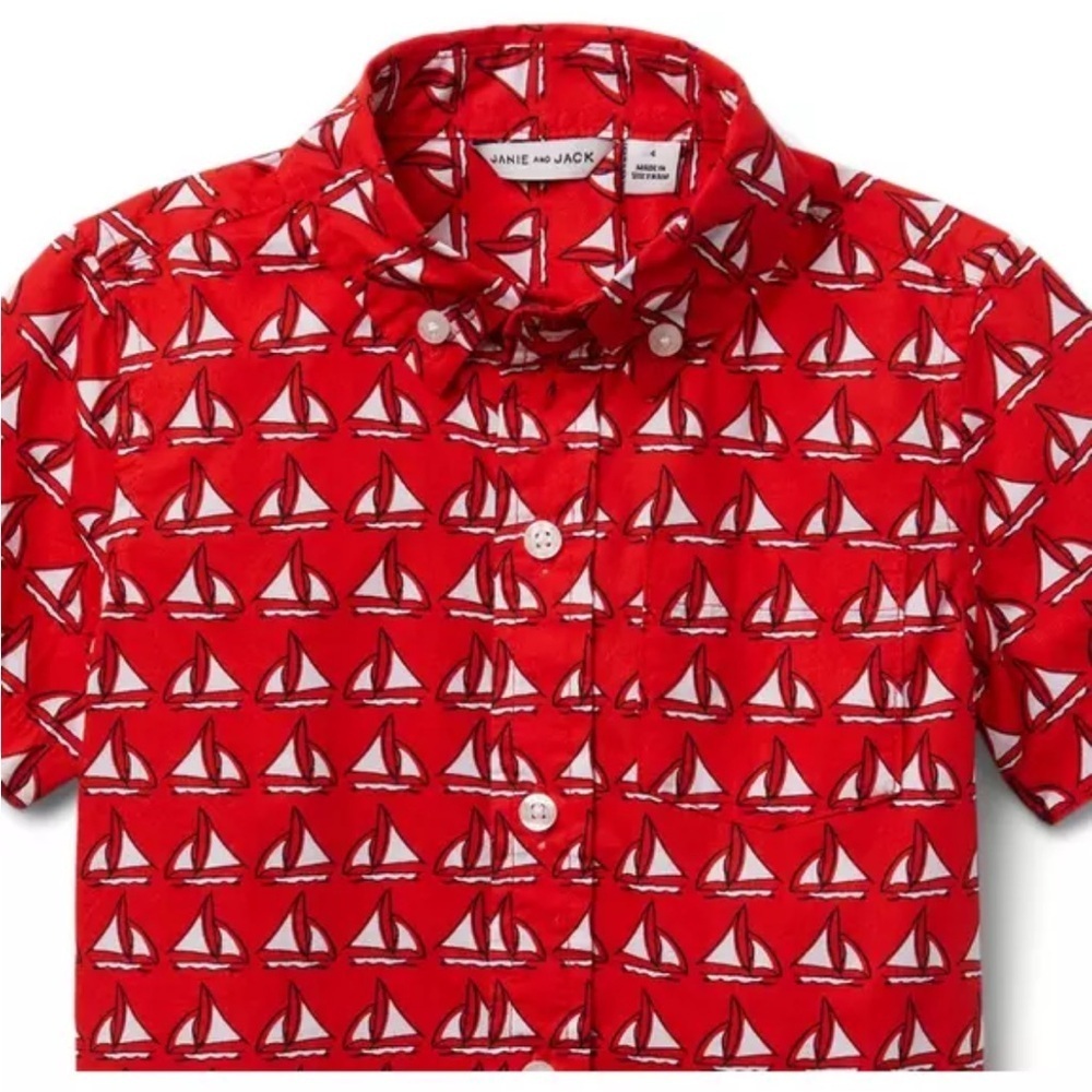 Janie and Jack Red Sailboat Poplin Shirt size 3